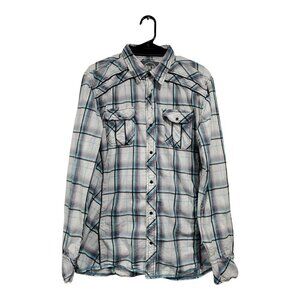 BKE Slim Fit Men's Long-Sleeved White Blue Striped Snap Shirt Size XL